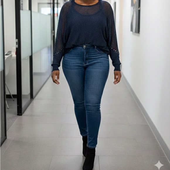 City Chic Sweaters - Navy Sweater with Mesh Sleeves